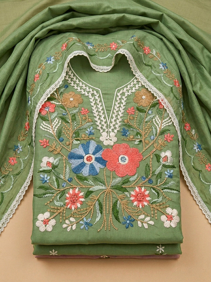 Pista Green Embroidery Chanderi Unstitched Dress Material