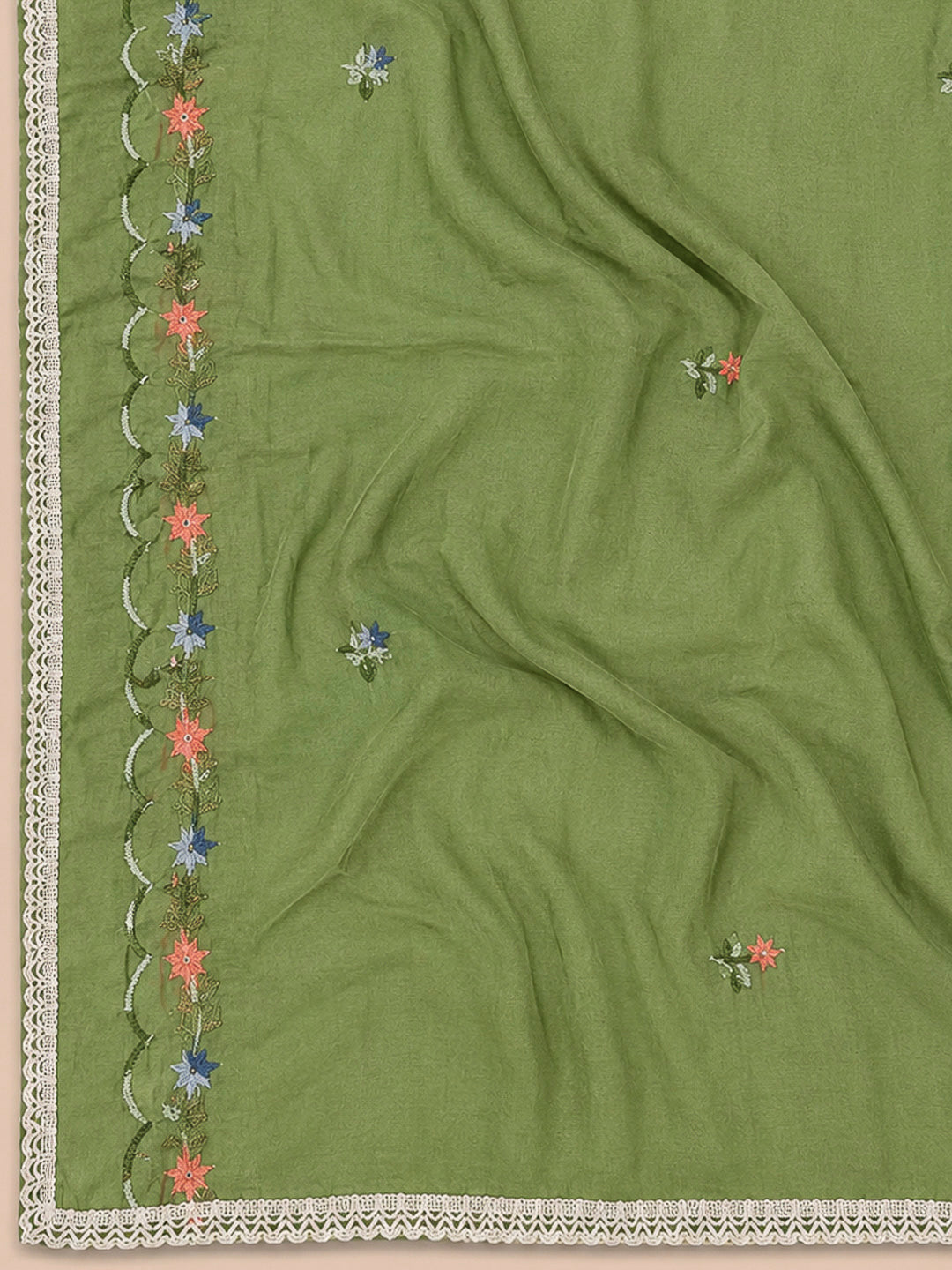 Pista Green Embroidery Chanderi Unstitched Dress Material