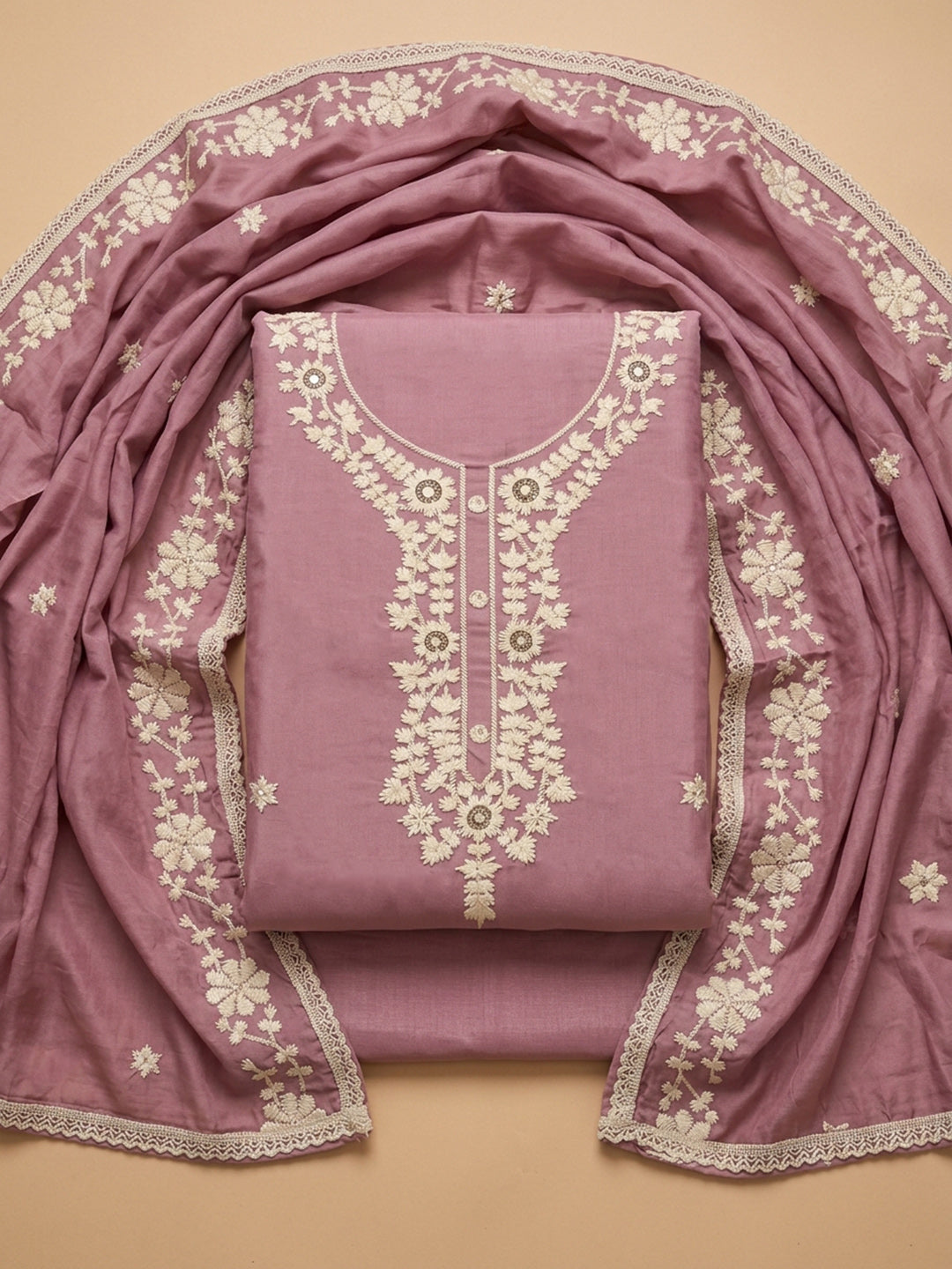 Onion Pink Embroidery Chanderi Unstitched Dress Material