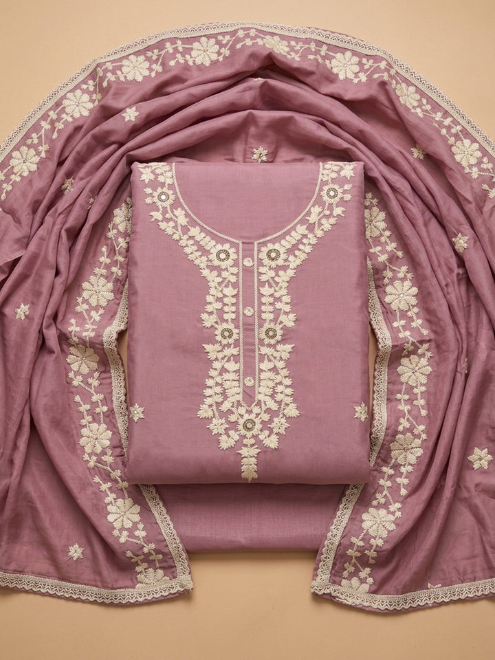 Onion Pink Embroidery Chanderi Unstitched Dress Material
