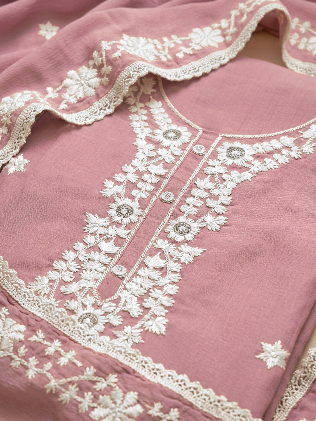 Onion Pink Embroidery Chanderi Unstitched Dress Material
