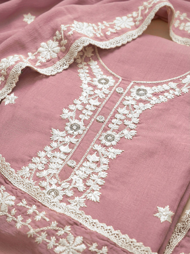 Onion Pink Embroidery Chanderi Unstitched Dress Material