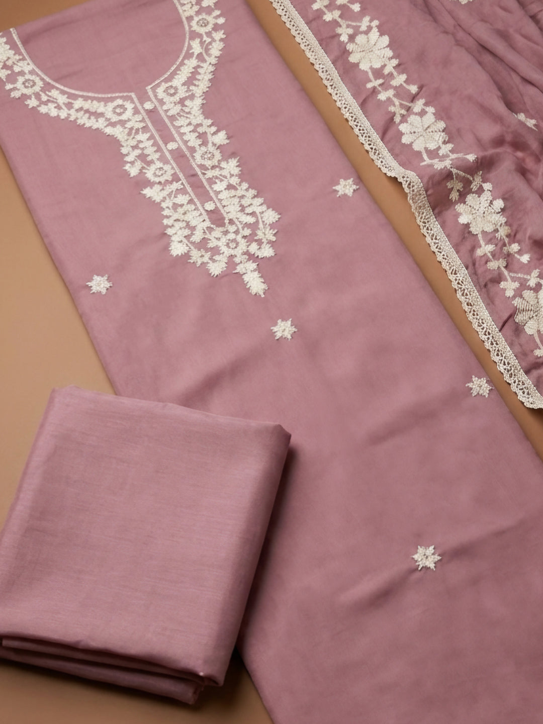 Onion Pink Embroidery Chanderi Unstitched Dress Material