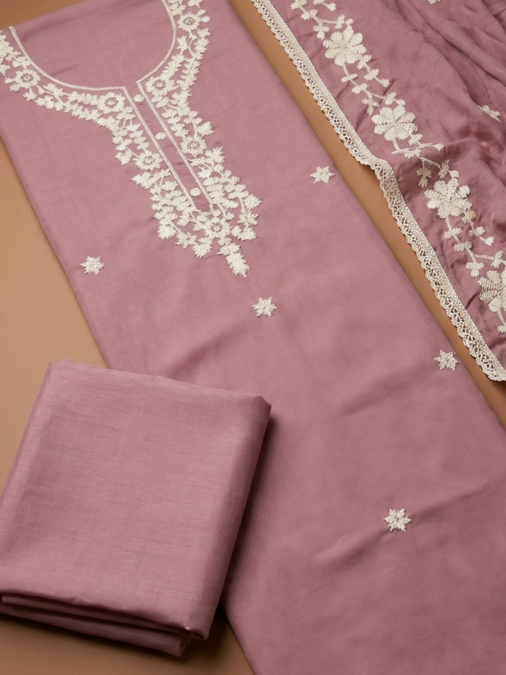 Onion Pink Embroidery Chanderi Unstitched Dress Material