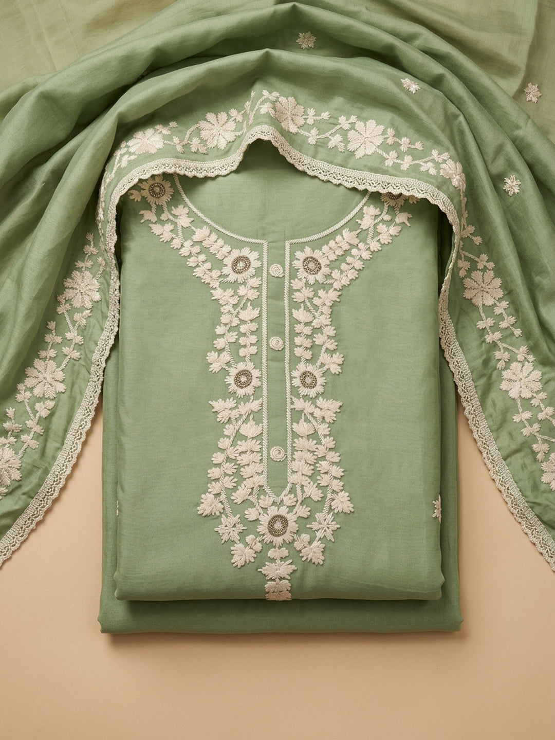 Pista Green Embroidery Chanderi Unstitched Dress Material