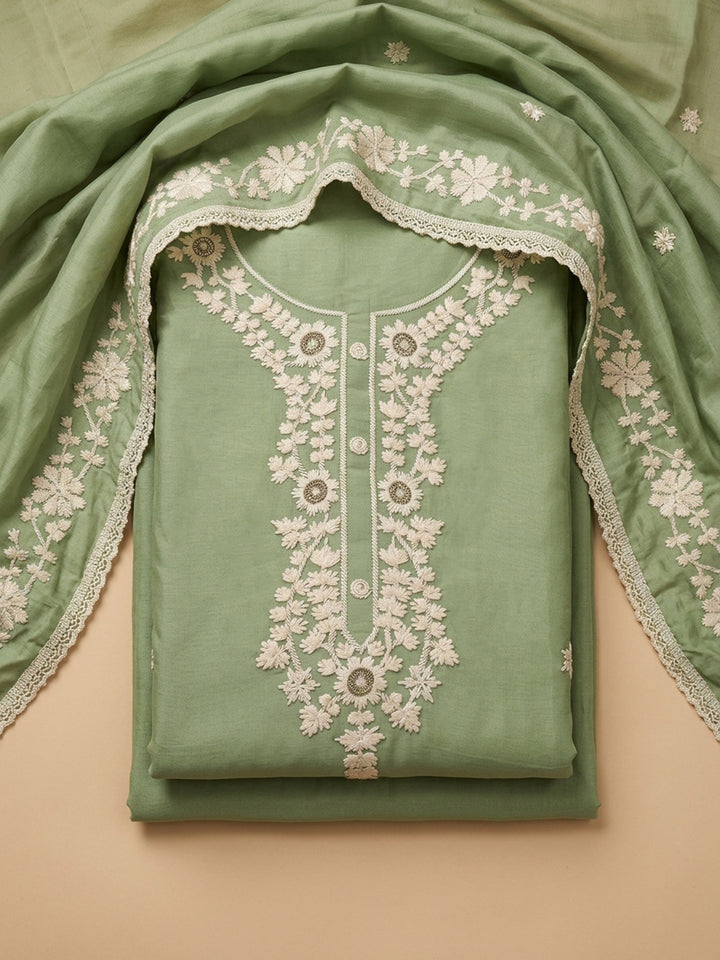 Pista Green Embroidery Chanderi Unstitched Dress Material