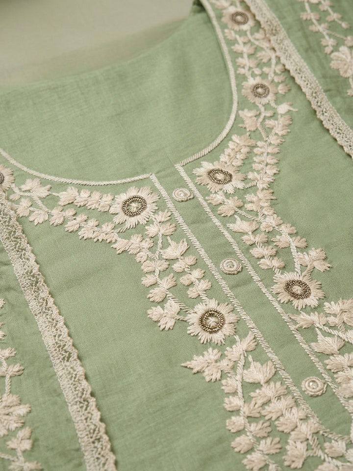 Pista Green Embroidery Chanderi Unstitched Dress Material