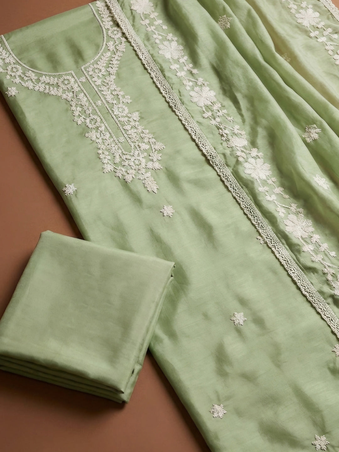 Pista Green Embroidery Chanderi Unstitched Dress Material