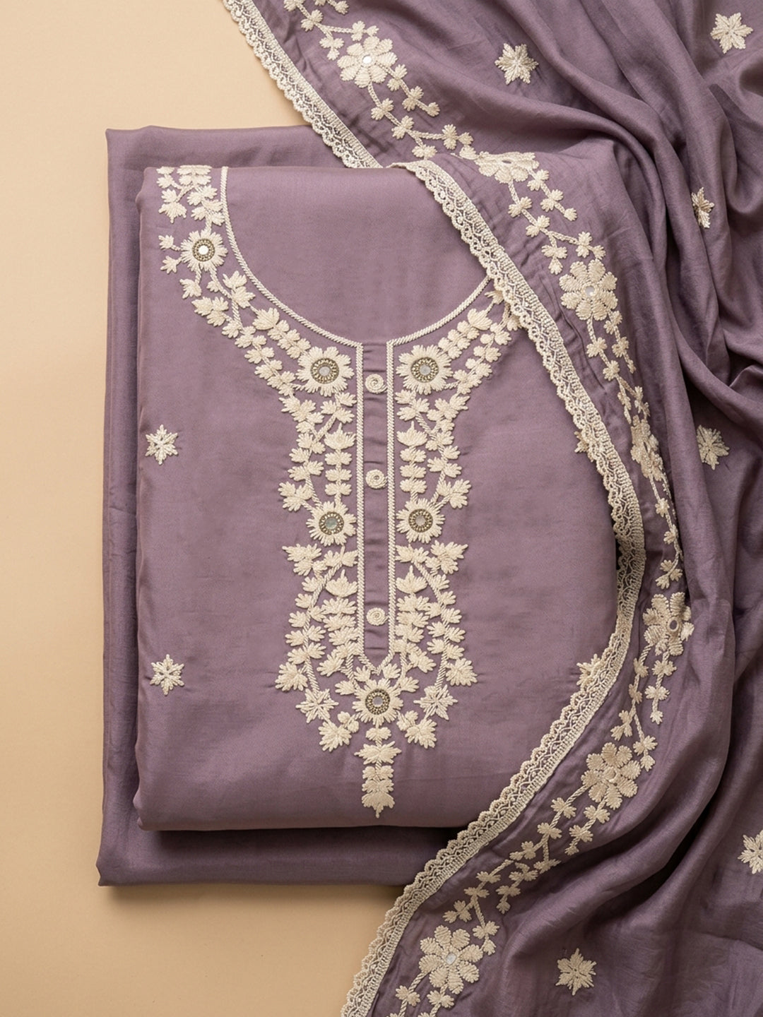 Purple Embroidery Chanderi Unstitched Dress Material