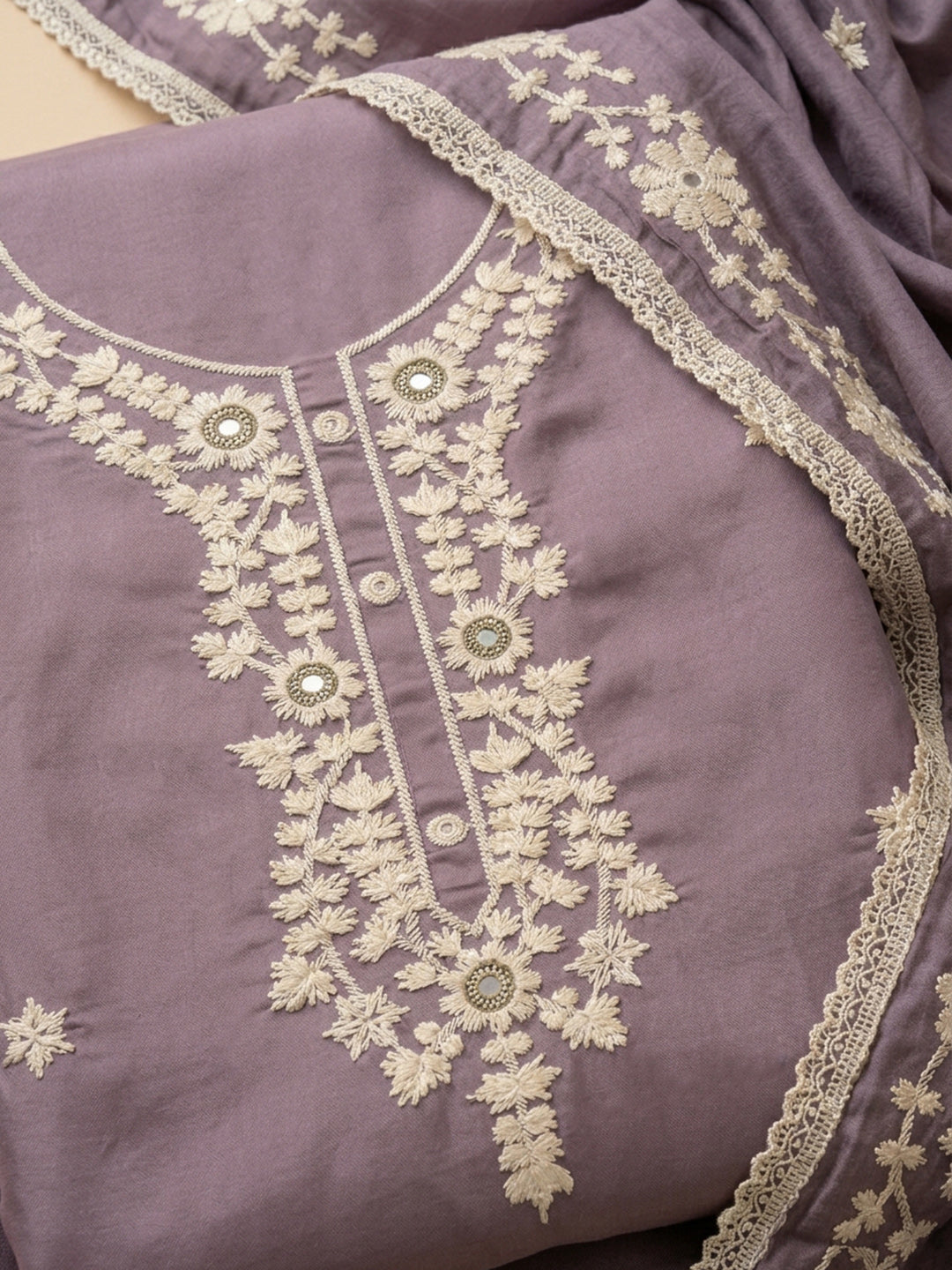 Purple Embroidery Chanderi Unstitched Dress Material