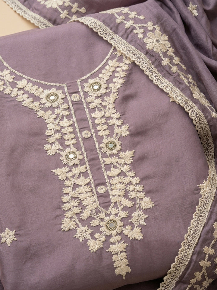 Purple Embroidery Chanderi Unstitched Dress Material