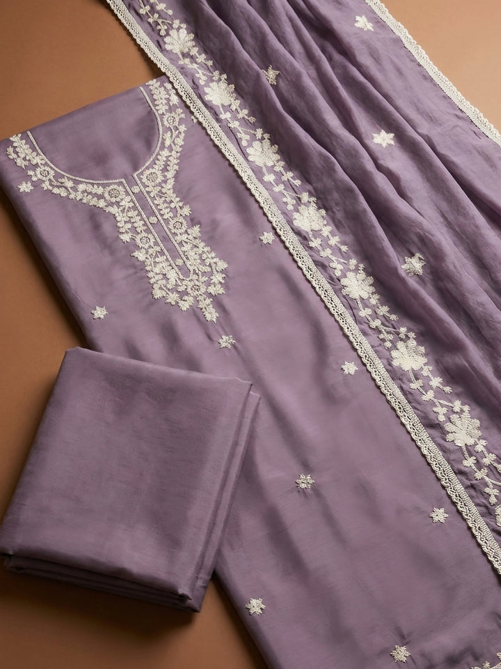 Purple Embroidery Chanderi Unstitched Dress Material