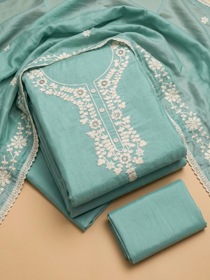 Sky Blue Embroidery Chanderi Unstitched Dress Material