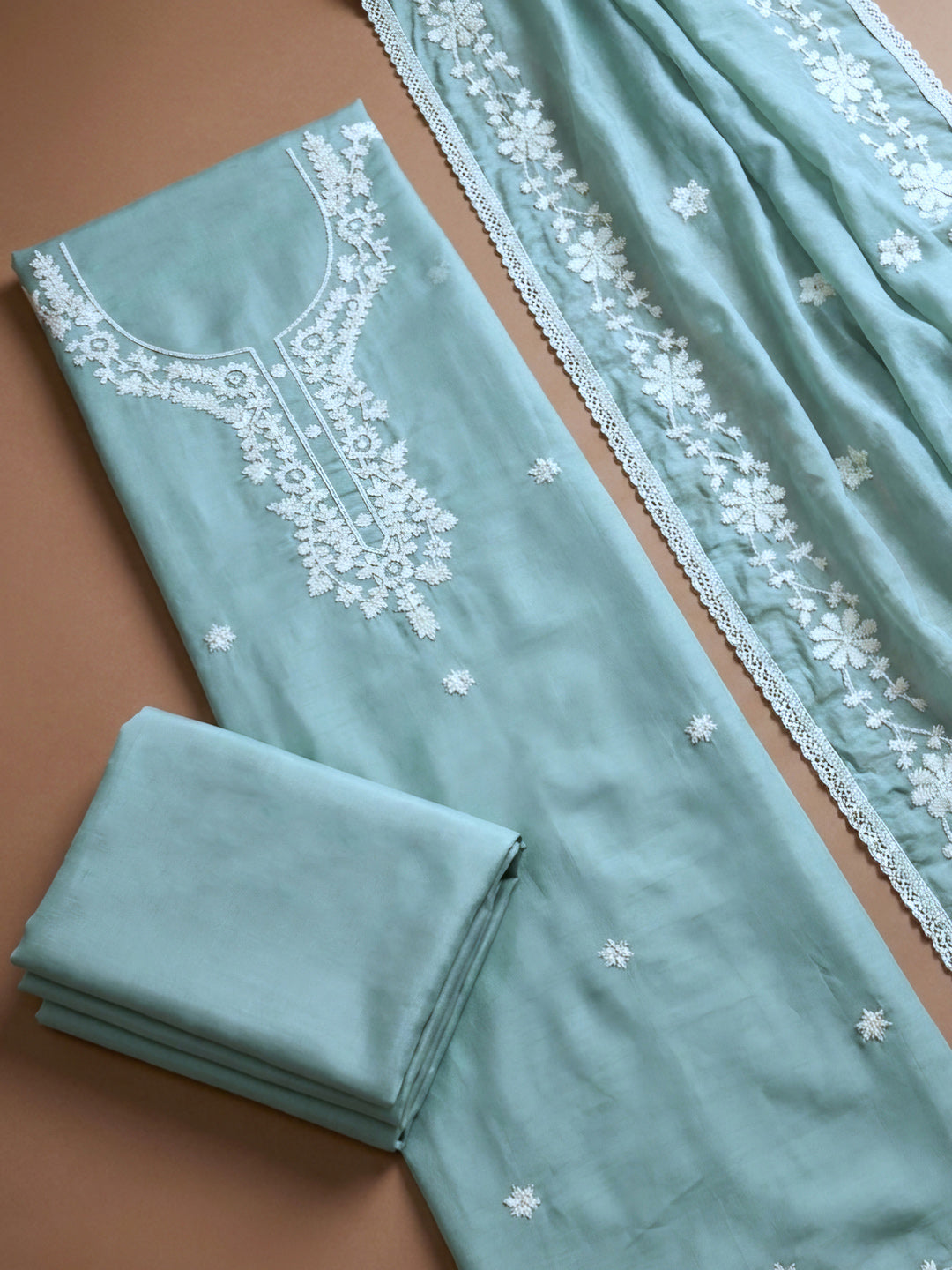 Sky Blue Embroidery Chanderi Unstitched Dress Material