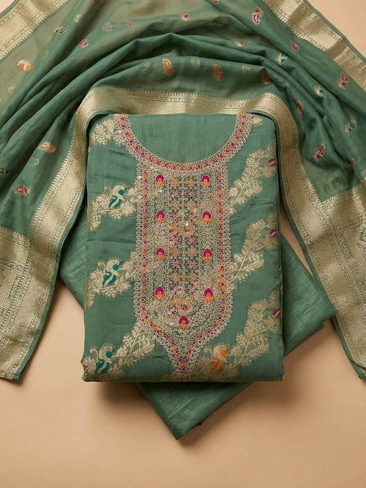 Green Embroidery Chanderi Unstitched Dress Material