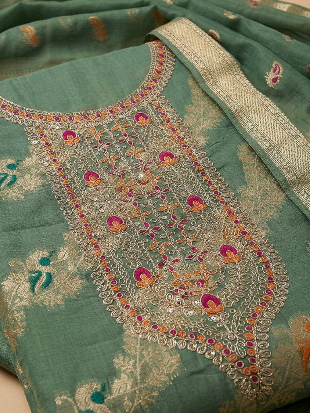 Green Embroidery Chanderi Unstitched Dress Material