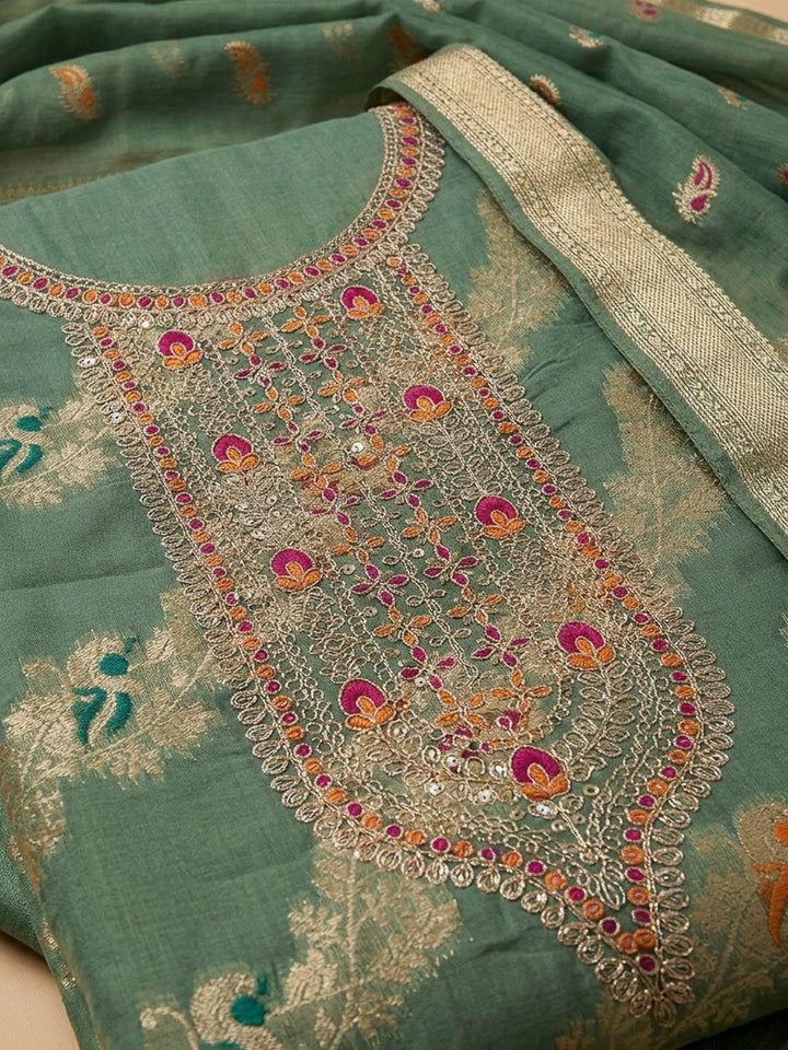 Green Embroidery Chanderi Unstitched Dress Material
