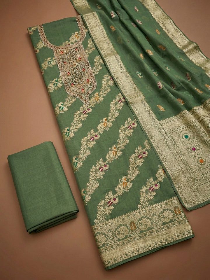 Green Embroidery Chanderi Unstitched Dress Material