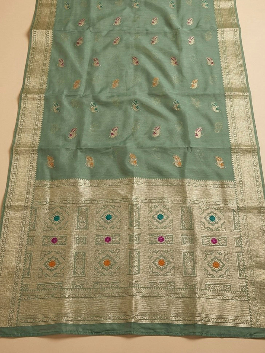 Green Embroidery Chanderi Unstitched Dress Material
