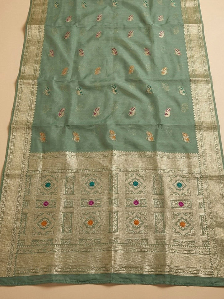 Green Embroidery Chanderi Unstitched Dress Material