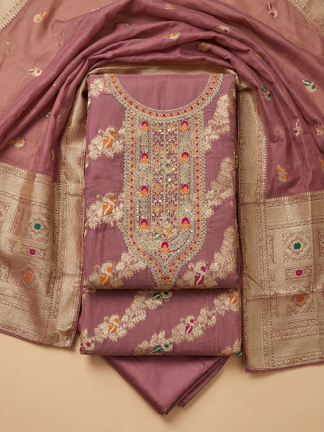 Onion Pink Embroidery Chanderi Unstitched Dress Material
