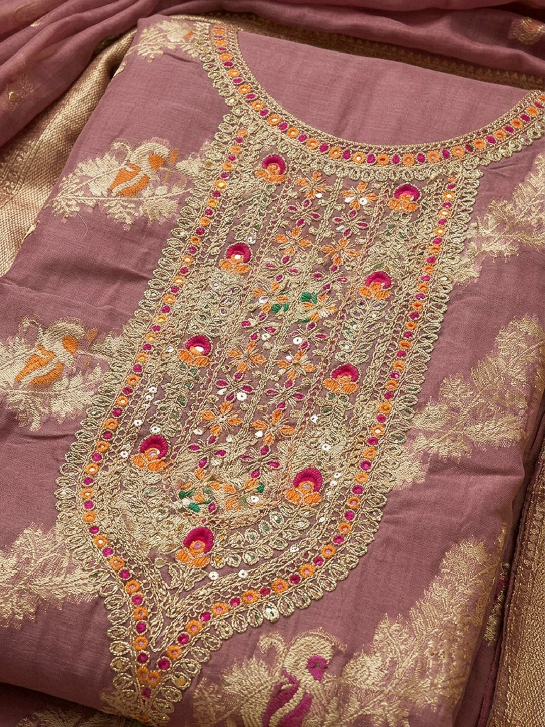 Onion Pink Embroidery Chanderi Unstitched Dress Material