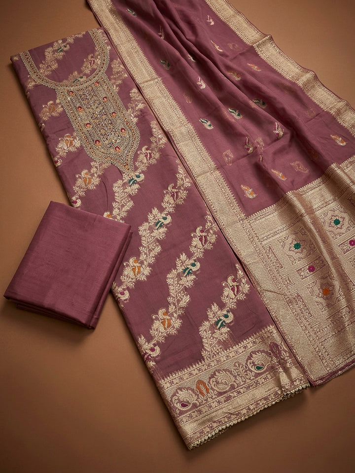 Onion Pink Embroidery Chanderi Unstitched Dress Material