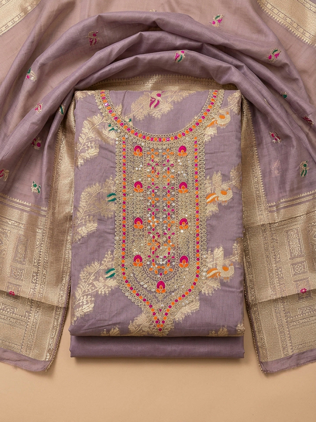 Purple Embroidery Chanderi Unstitched Dress Material