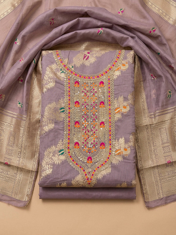 Purple Embroidery Chanderi Unstitched Dress Material