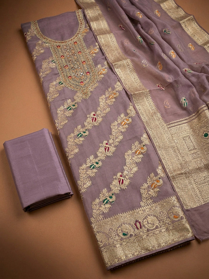 Purple Embroidery Chanderi Unstitched Dress Material