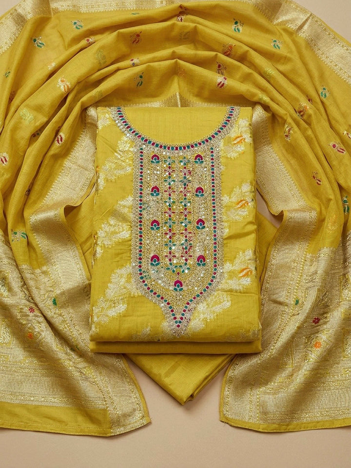 Yellow Embroidery Chanderi Unstitched Dress Material