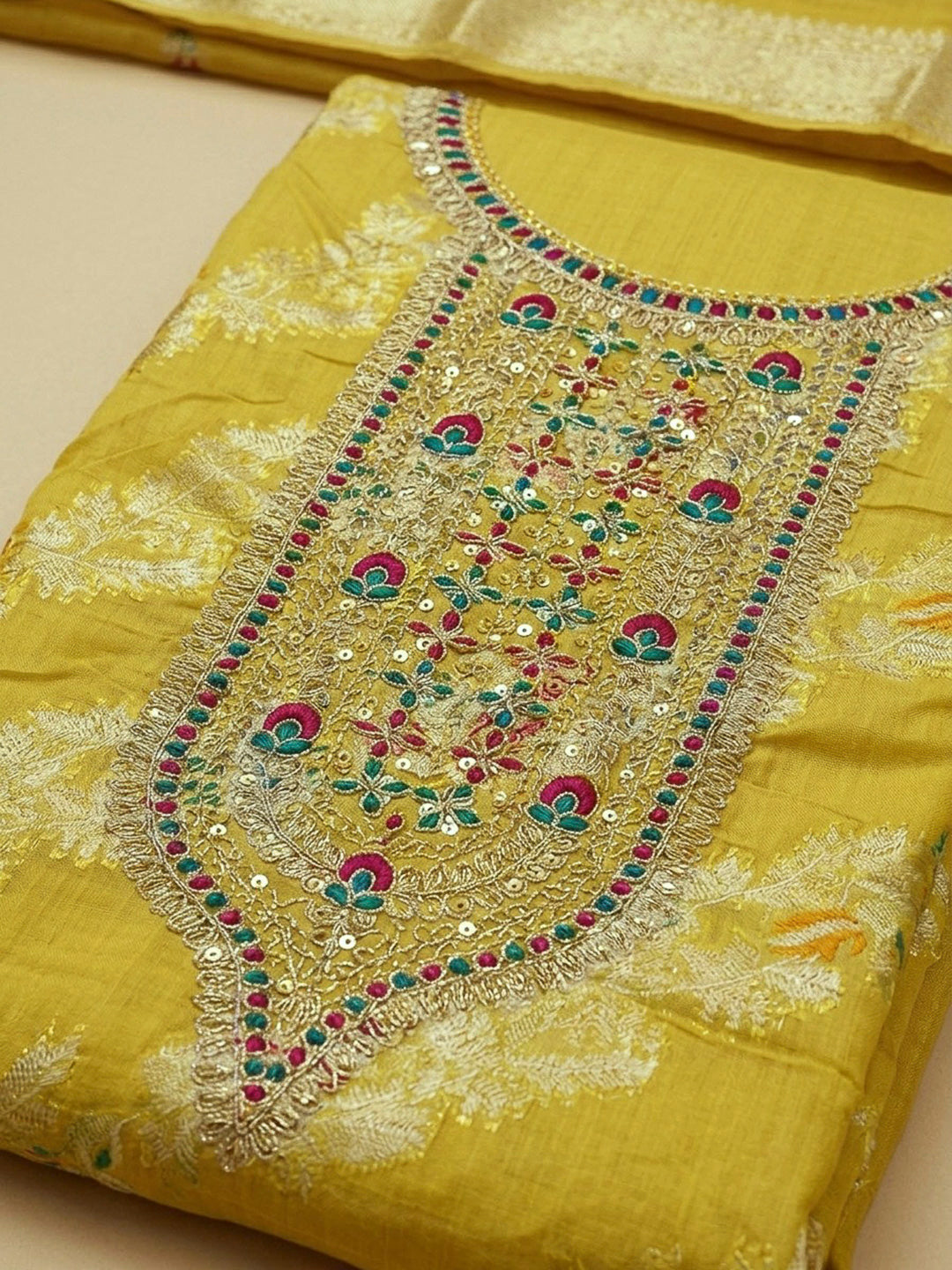 Yellow Embroidery Chanderi Unstitched Dress Material