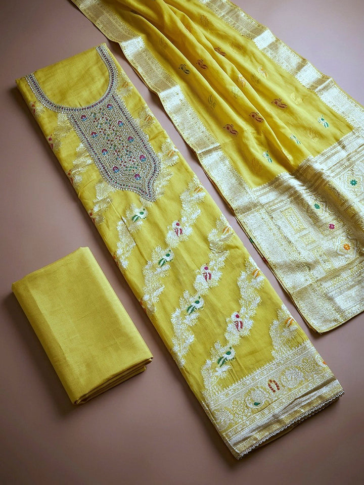 Yellow Embroidery Chanderi Unstitched Dress Material