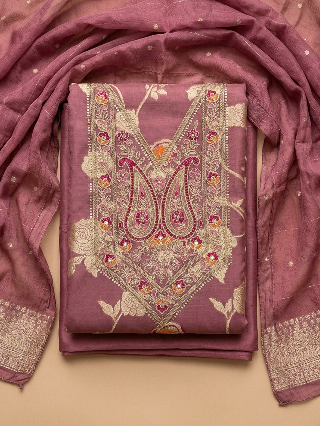 Onion Pink Embroidery Chanderi Unstitched Dress Material