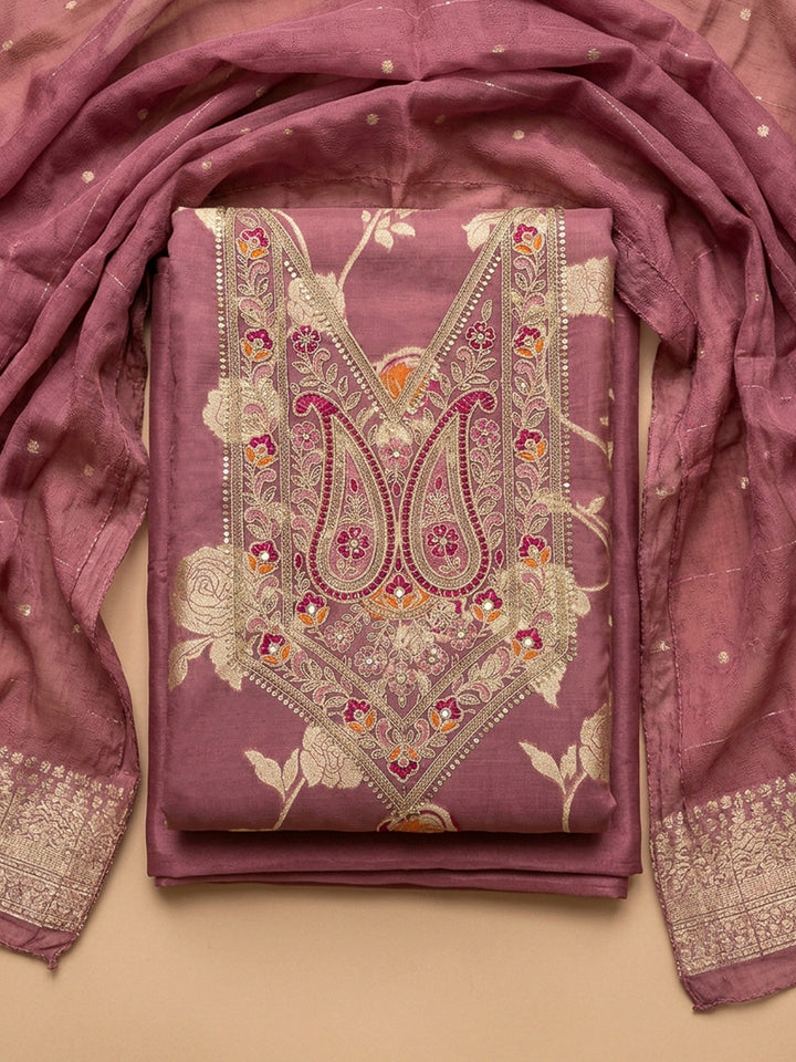 Onion Pink Embroidery Chanderi Unstitched Dress Material