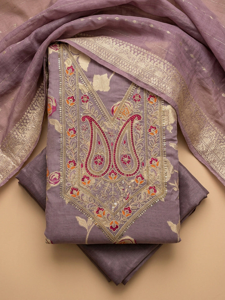 Purple Embroidery Chanderi Unstitched Dress Material