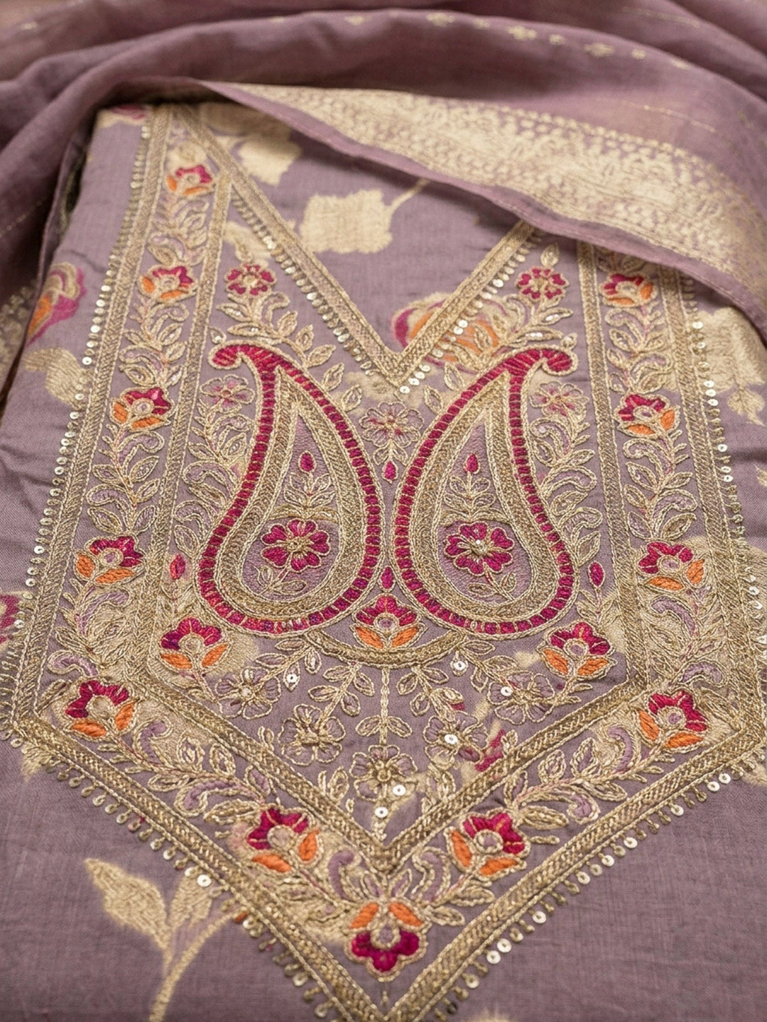 Purple Embroidery Chanderi Unstitched Dress Material