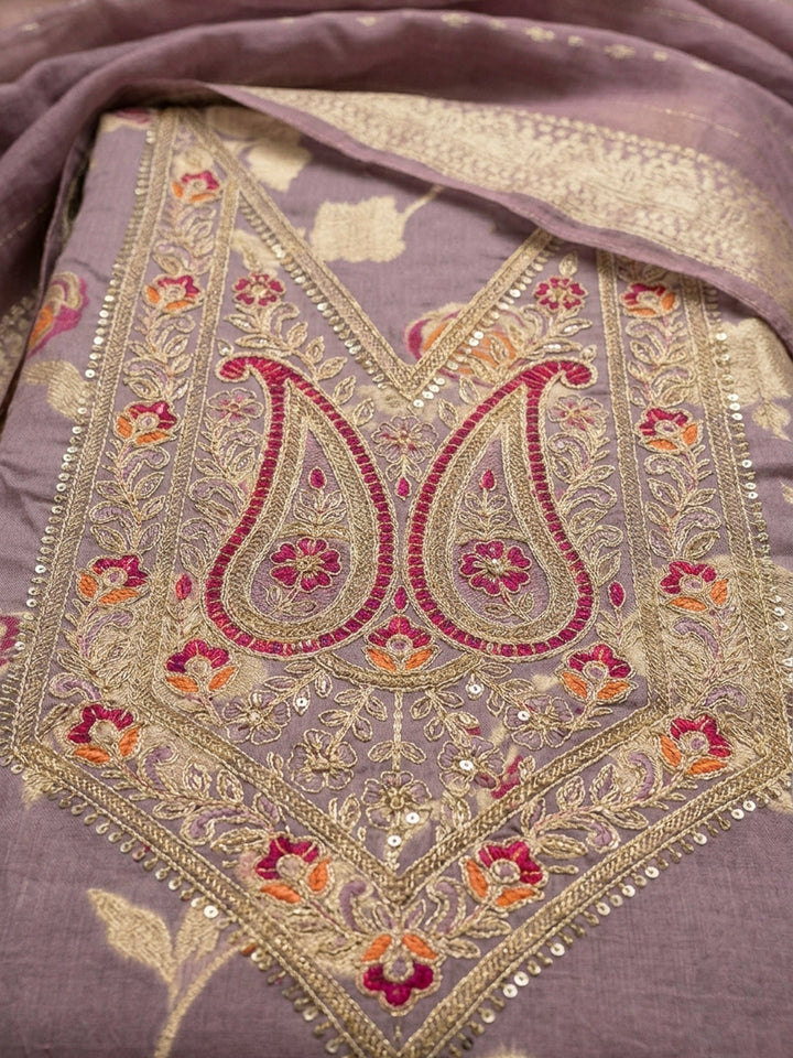 Purple Embroidery Chanderi Unstitched Dress Material