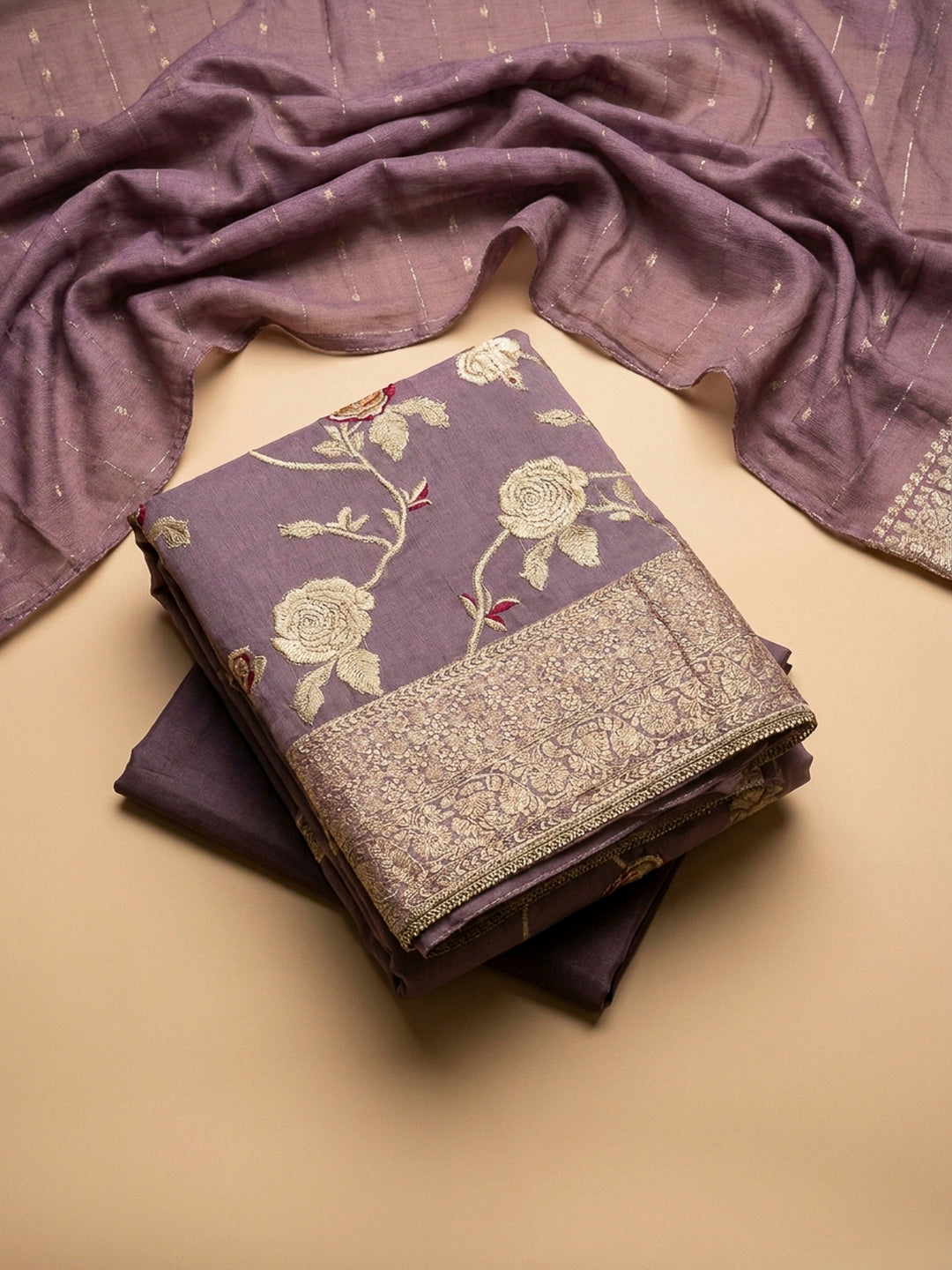 Purple Embroidery Chanderi Unstitched Dress Material