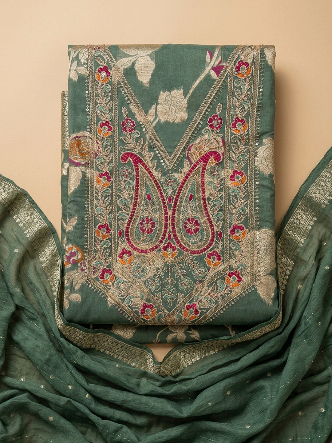 Rama Green Embroidery Chanderi Unstitched Dress Material
