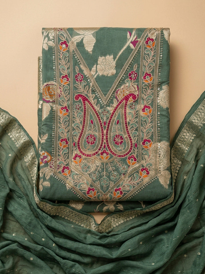 Rama Green Embroidery Chanderi Unstitched Dress Material