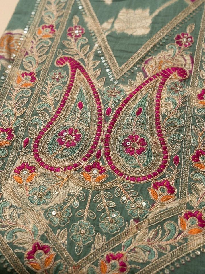 Rama Green Embroidery Chanderi Unstitched Dress Material