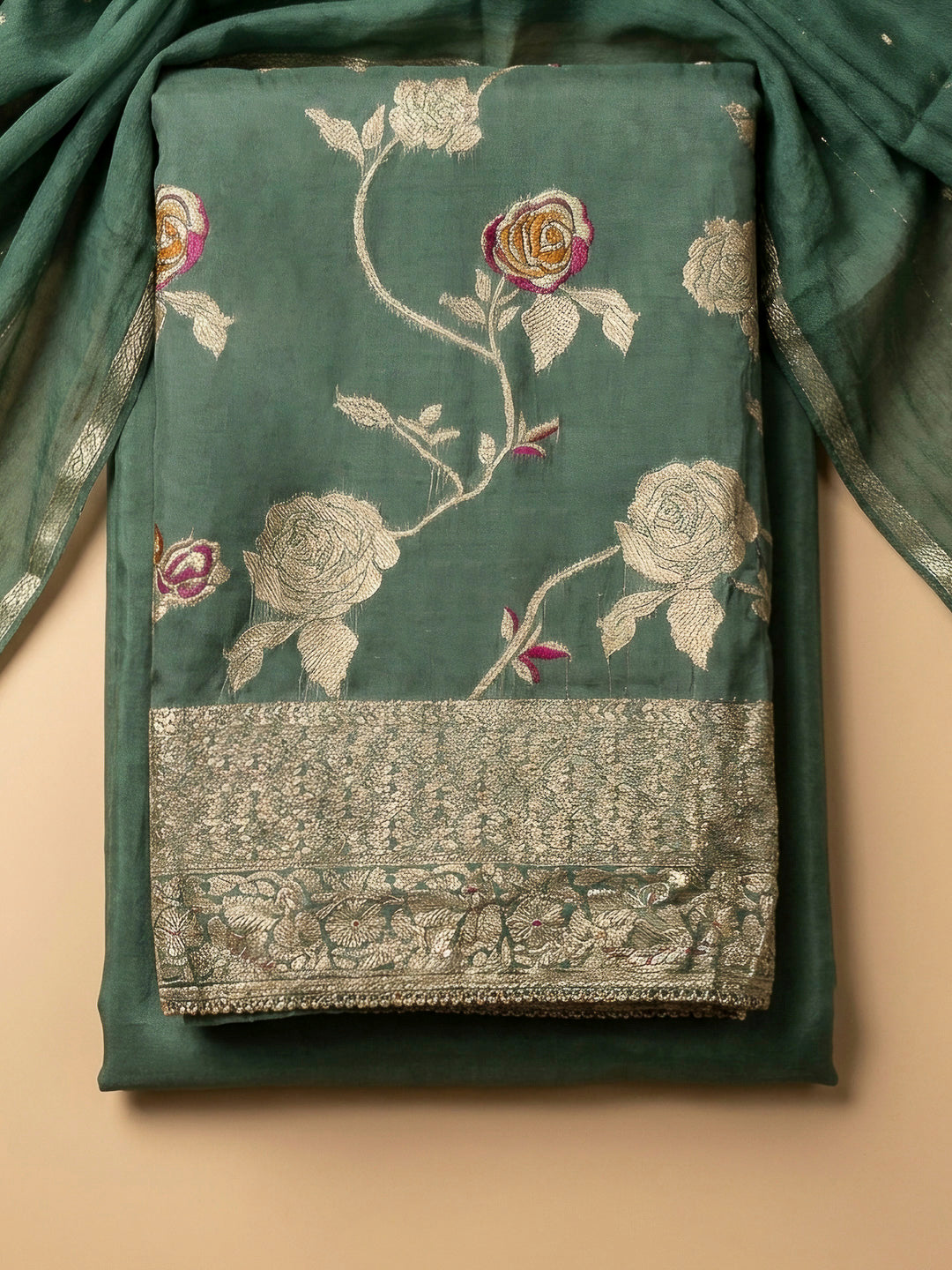 Rama Green Embroidery Chanderi Unstitched Dress Material