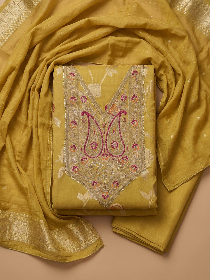 Yellow Embroidery Chanderi Unstitched Dress Material