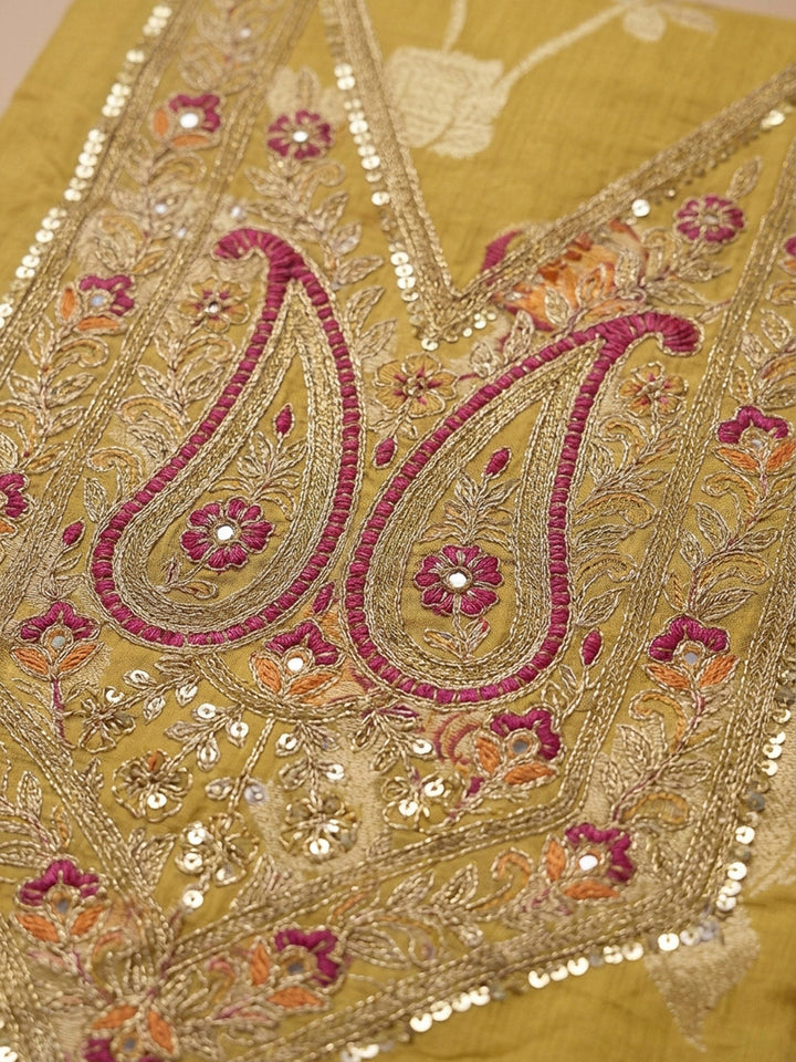 Yellow Embroidery Chanderi Unstitched Dress Material