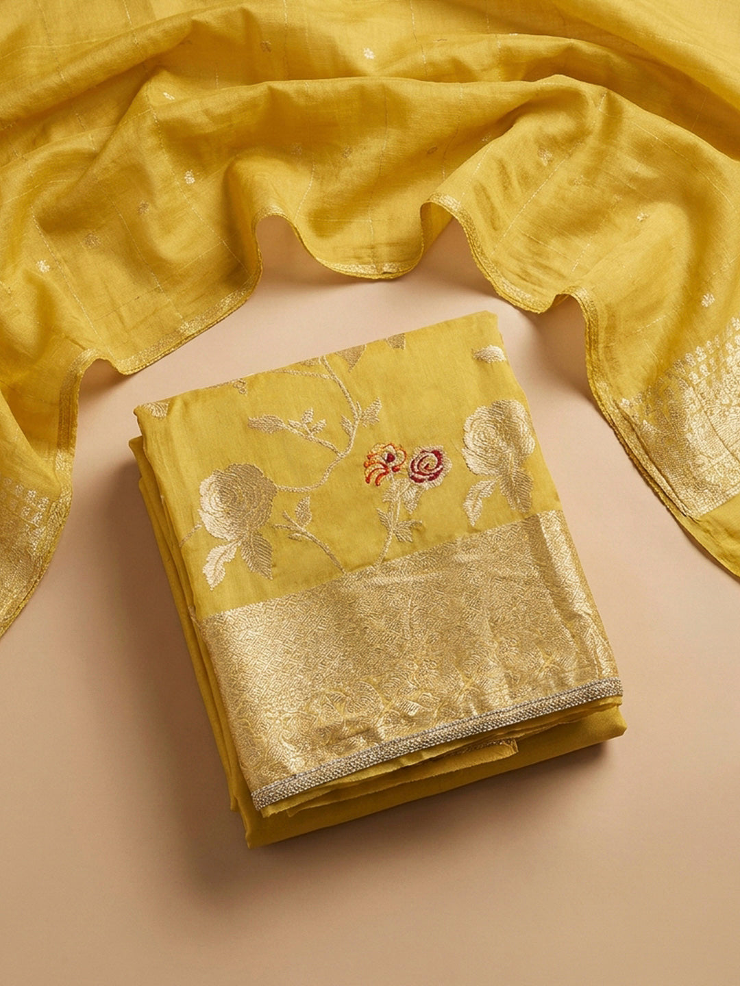 Yellow Embroidery Chanderi Unstitched Dress Material