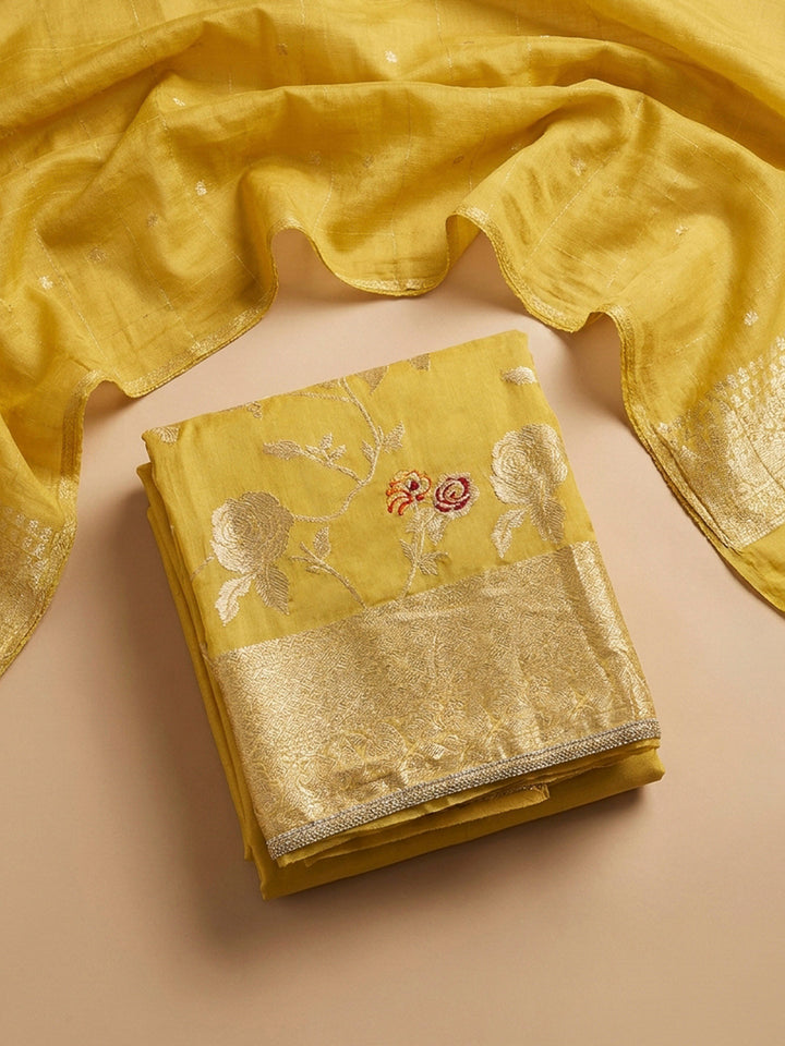 Yellow Embroidery Chanderi Unstitched Dress Material