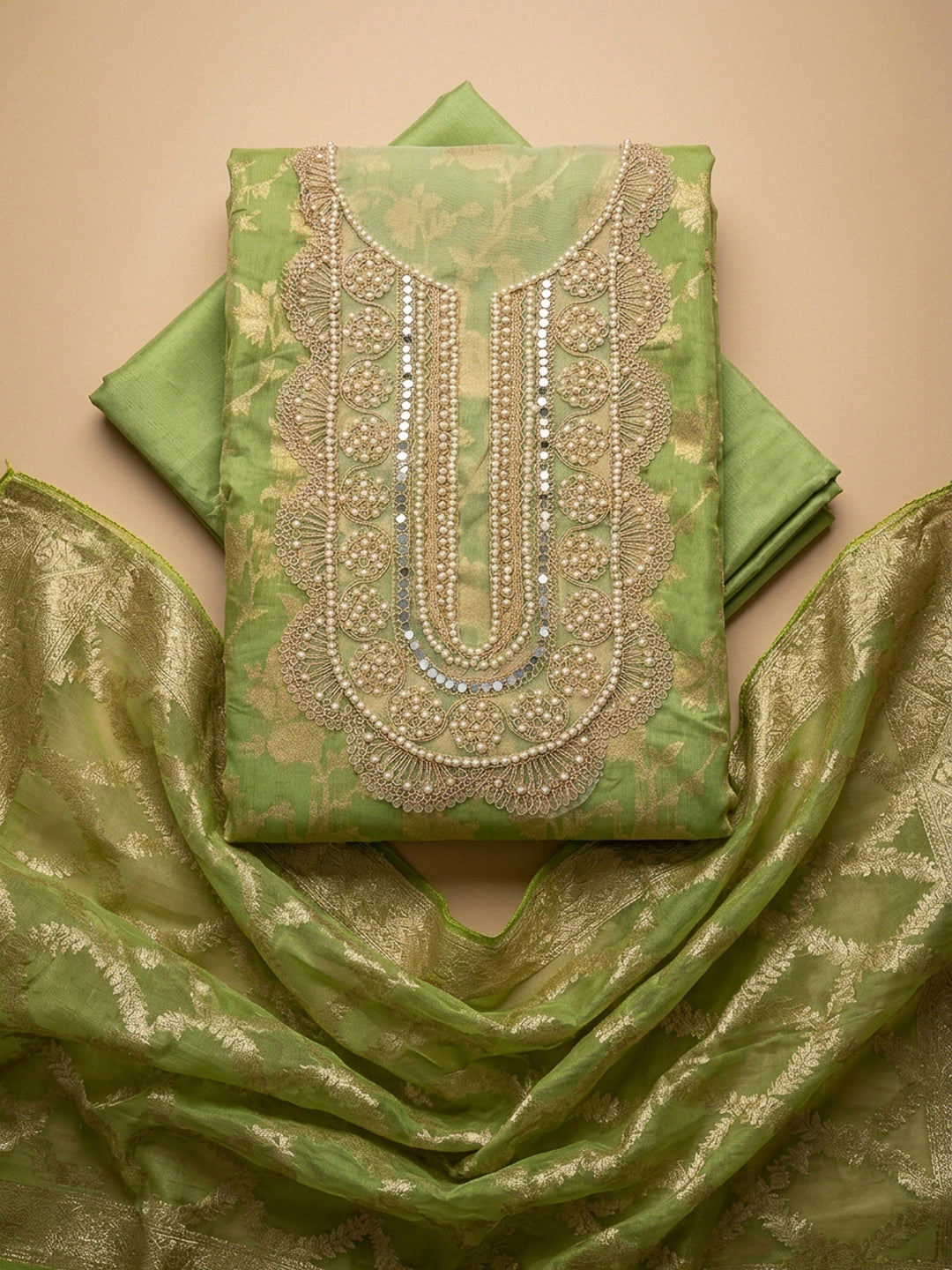 Mehndi Embroidery Chanderi Unstitched Dress Material