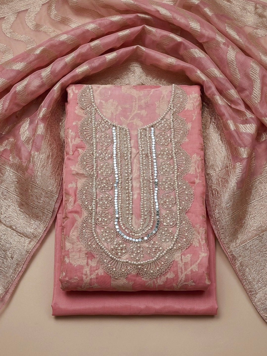 Peach Embroidery Chanderi Unstitched Dress Material