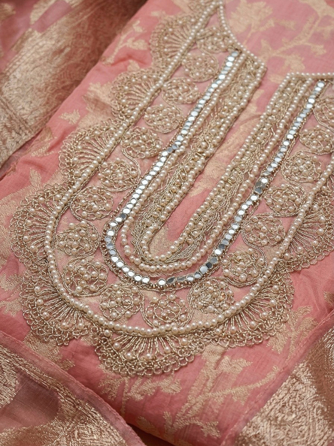 Peach Embroidery Chanderi Unstitched Dress Material